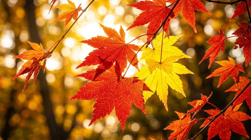 背後からの強い透過光で輝くクリアな紅葉の風景