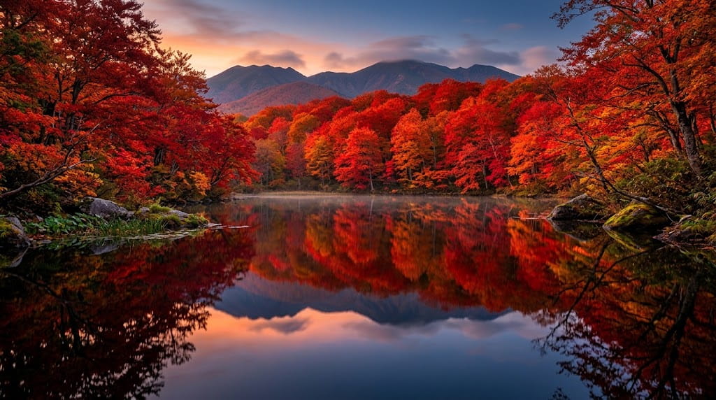 蔦沼の早朝紅葉リフレクション