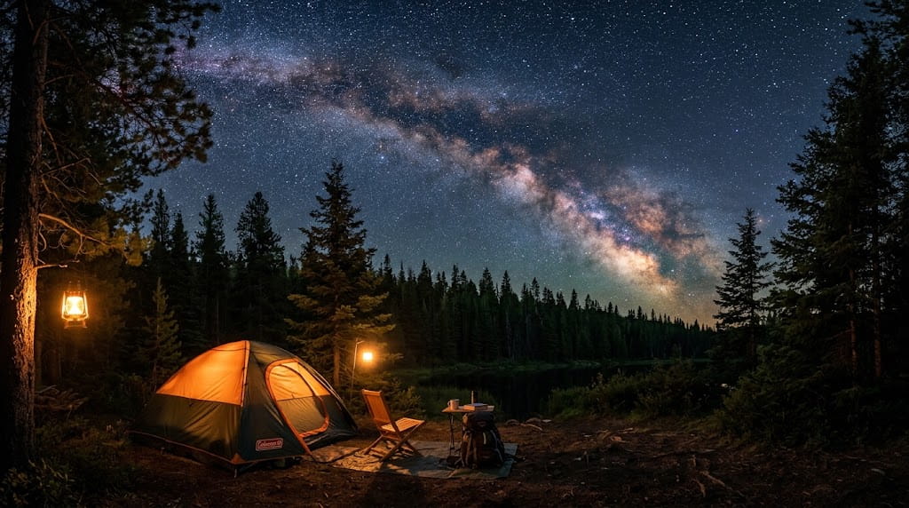 静かな森のキャンプ場と星空風景