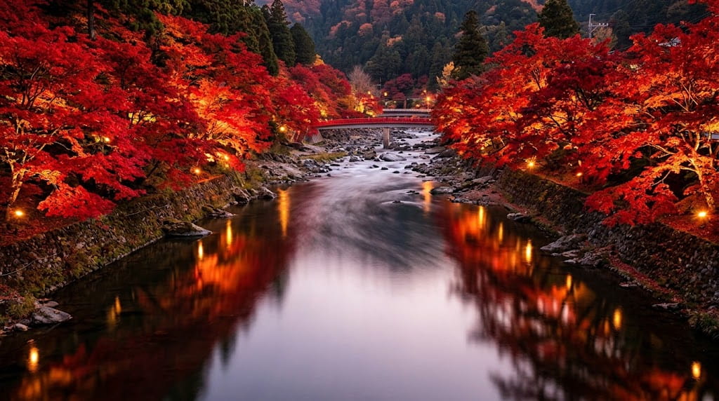 香嵐渓の巴橋とライトアップされた紅葉