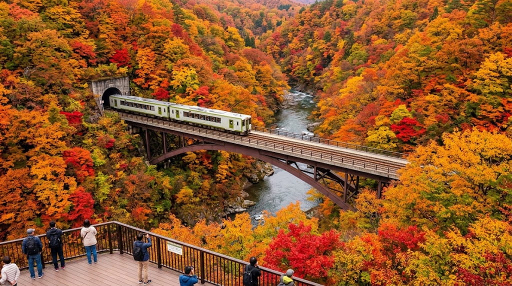 鳴子峡の大深沢橋と紅葉風景