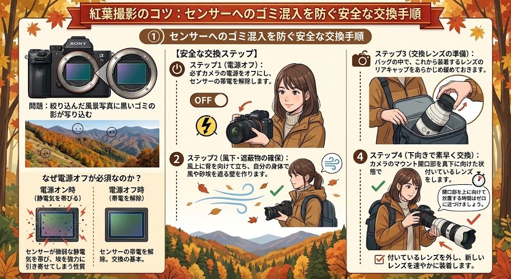 センサーへのゴミ混入を防ぐ交換手順の解説イラスト