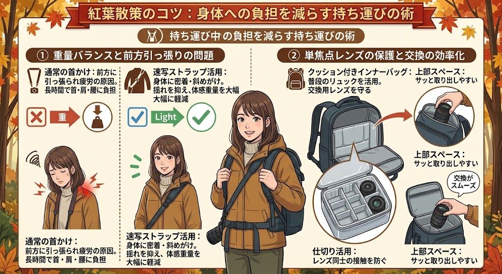 持ち運びの負担を減らすコツの解説イラスト