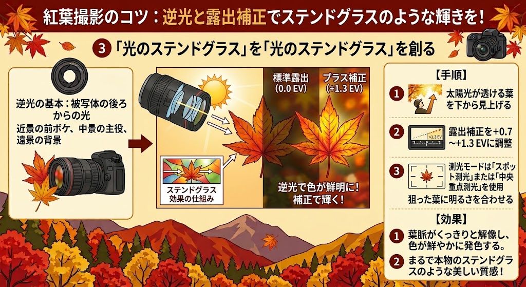 光のステンドグラスを創る露出補正の解説イラスト