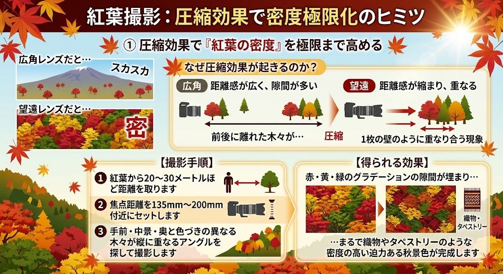 望遠レンズの圧縮効果の解説イラスト