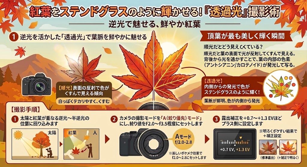 逆光を活かした透過光撮影の解説イラスト