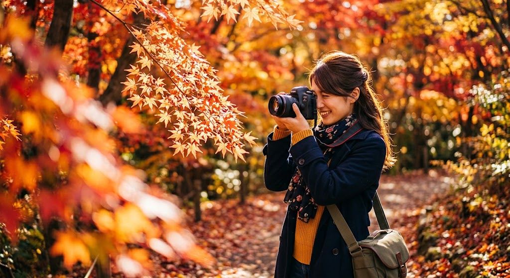 紅葉撮影を楽しむ女性
