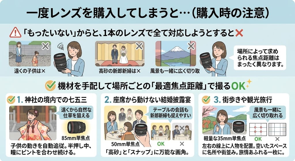 シチュエーションに合わせて最適な焦点距離を使い分けられるを解説したイラスト