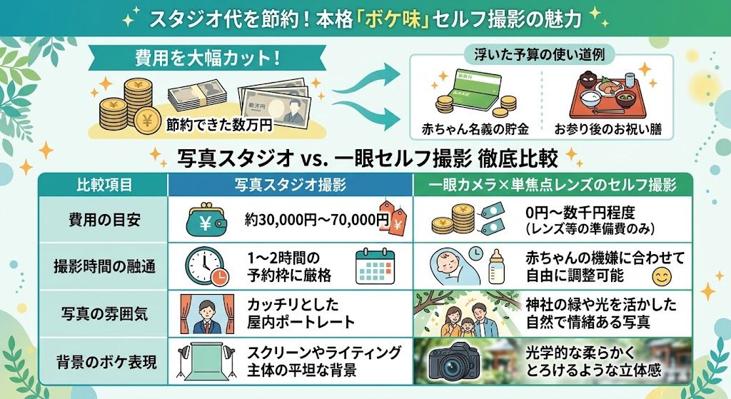 スタジオ撮影とセルフ撮影の比較解説イラスト