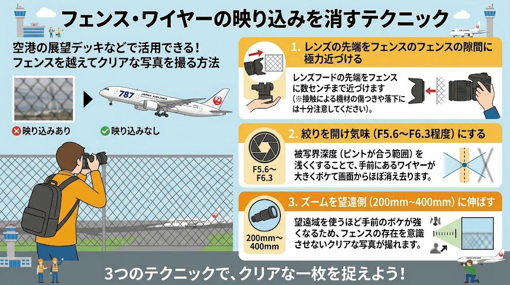 フェンスやワイヤーの映り込みを消すテクニック解説イラスト