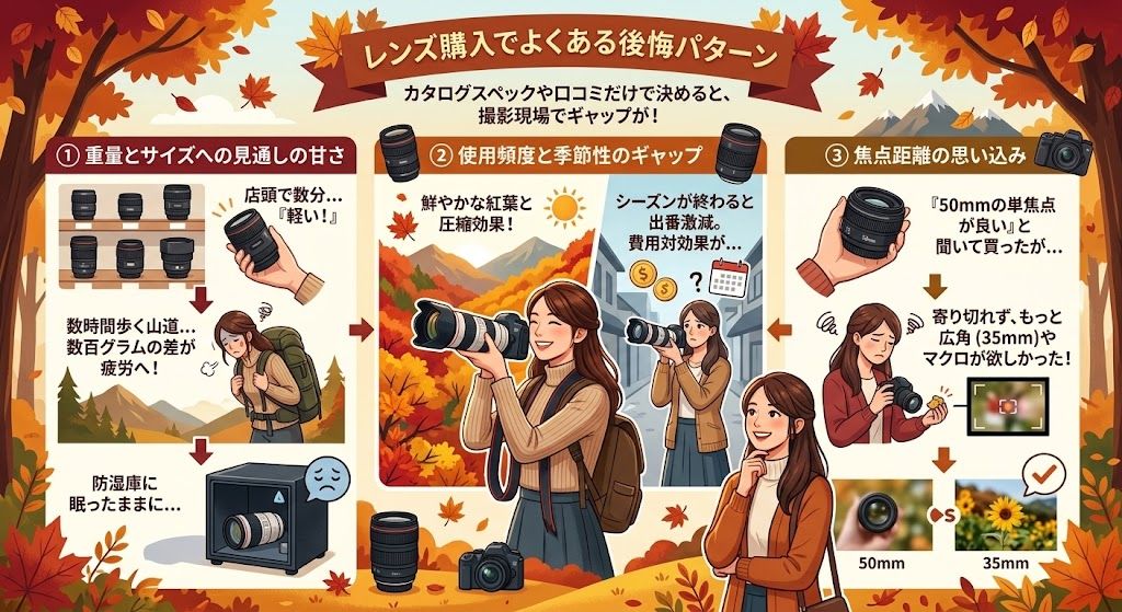 レンズ購入でよくある後悔パターンを解説したイラスト