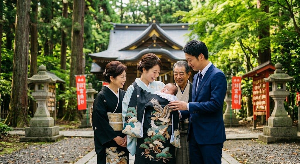 一眼レフで撮影されたお宮参りの家族写真