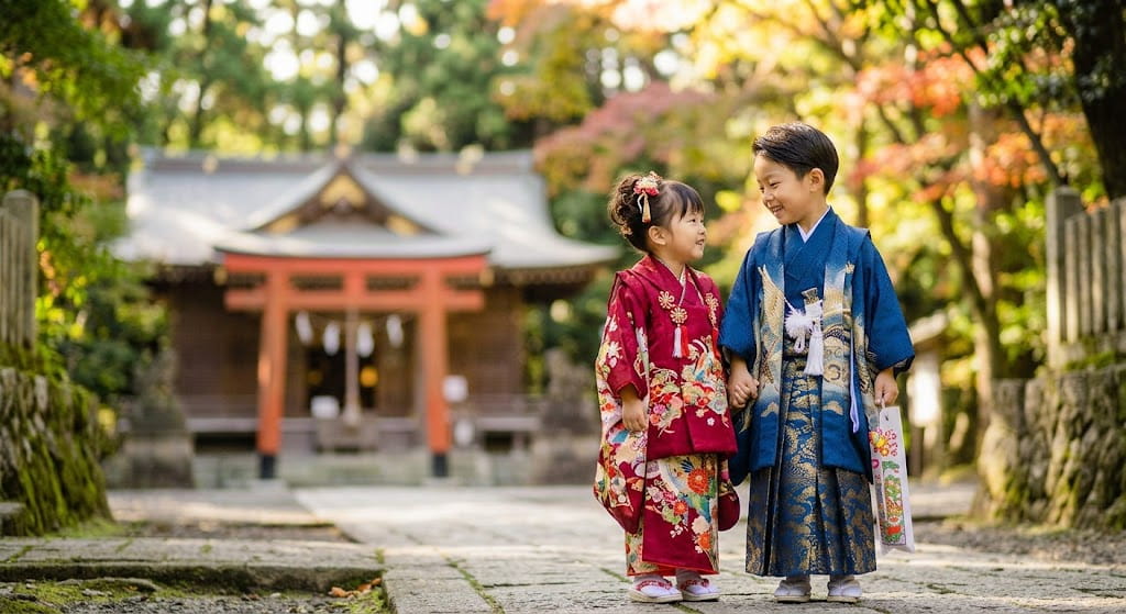 秋の神社境内で撮影された七五三の着物姿の子供たち