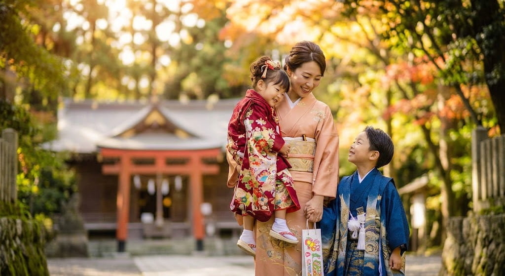 七五三の神社前で撮影された親子ポートレート