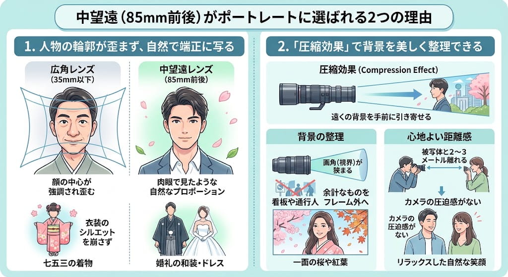 中望遠（85mm前後）がポートレートに選ばれる2つの理由を解説したイラスト