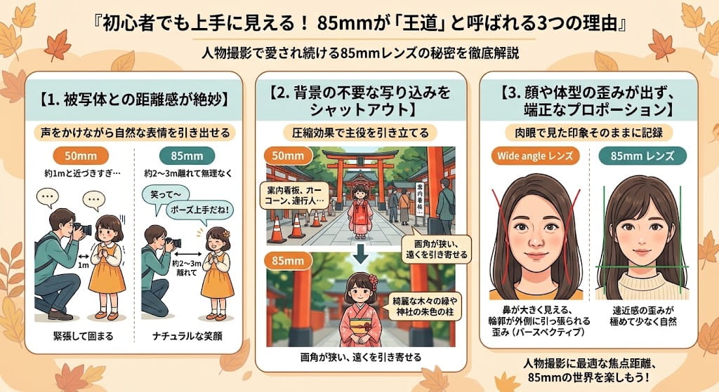 初心者でも上手に見える！85mmが王道と呼ばれる3つの理由を解説したイラスト