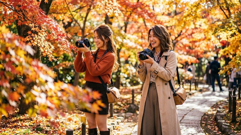 紅葉の中でカメラを構える撮影風景