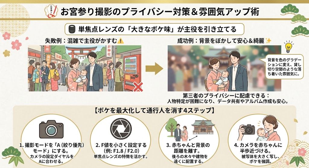 背景のボケ味で通行人をぼかす方法の解説イラスト