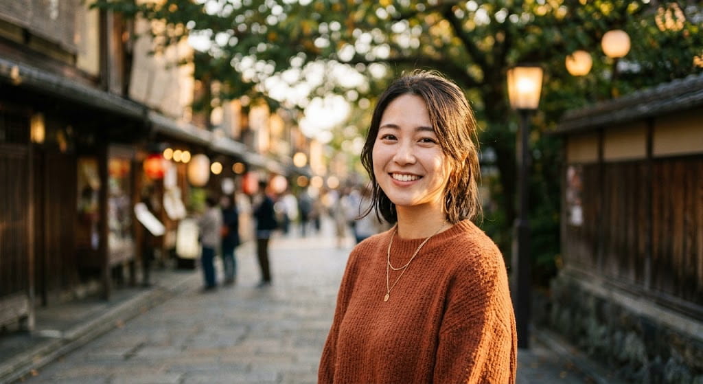 夕暮れの街角で撮影した、女性の上半身ポートレート。柔らかな木漏れ日の下で、カメラに向かって自然な笑顔を浮かべている。