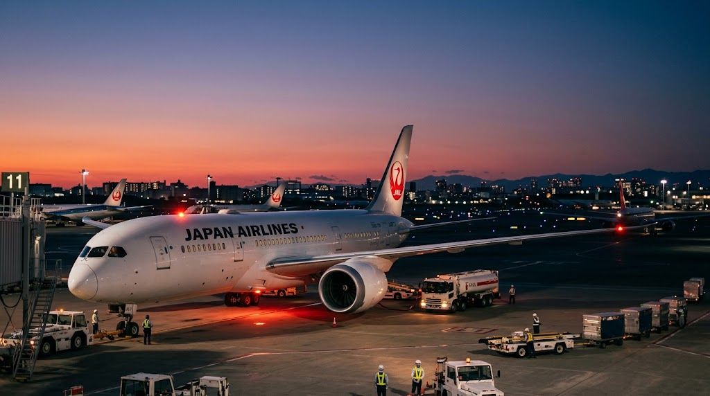 夕暮れ時の空港エプロン風景
