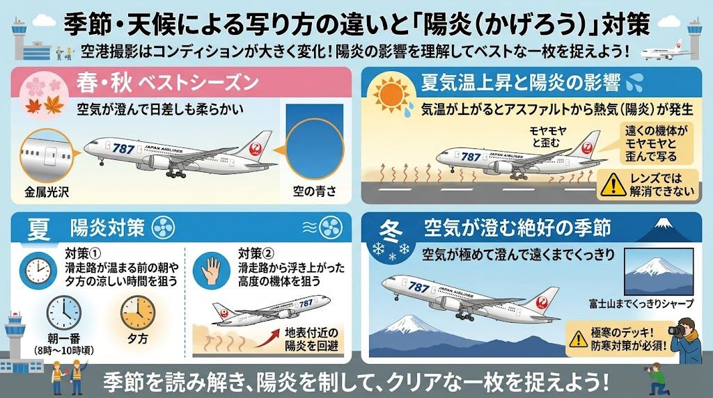 季節ごとの特徴と陽炎対策の解説イラスト