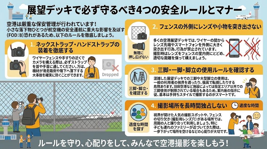 展望デッキで守るべき4つの安全ルールとマナー解説イラスト