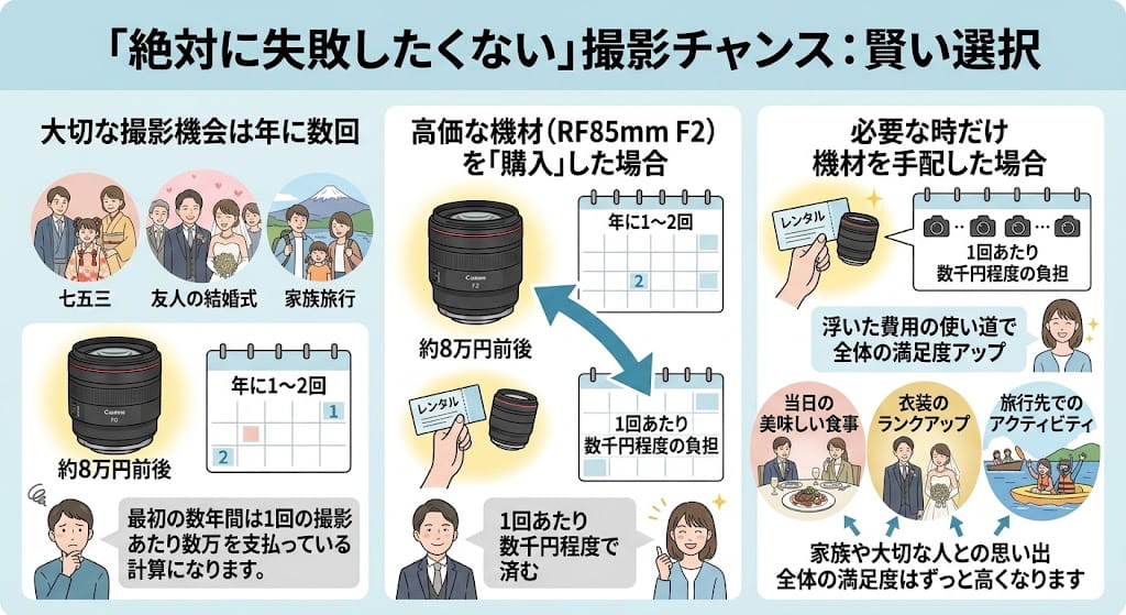 年に数回の特別な行事なら圧倒的なコストパフォーマンスを解説したイラスト