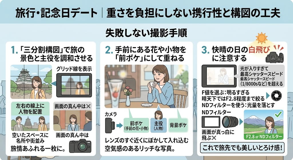 旅行・記念日デート｜重さを負担にしない携行性と構図の工夫を解説したイラスト
