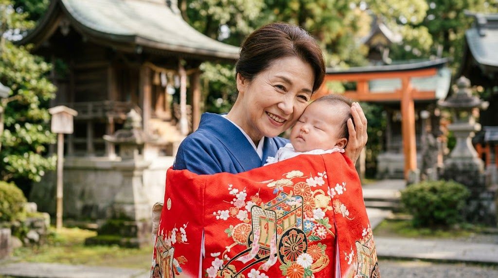 祝い着を羽織った赤ちゃんを抱っこする家族の記念写真