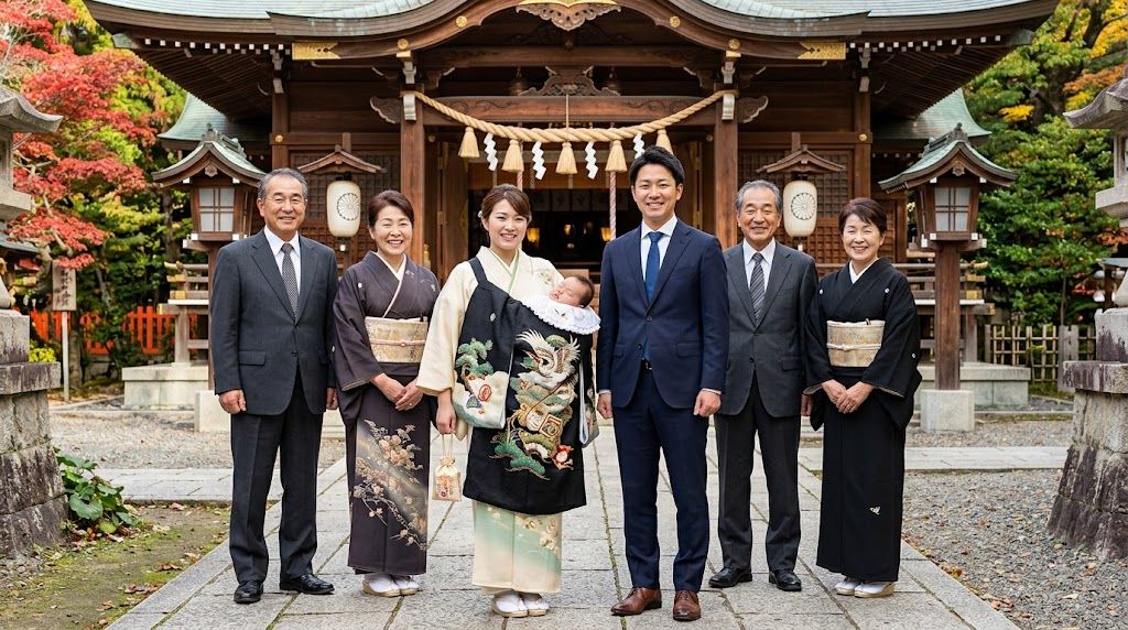 家族全員で撮影するお宮参りの集合写真