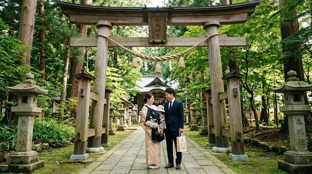 神社の鳥居前と参道での記念撮影