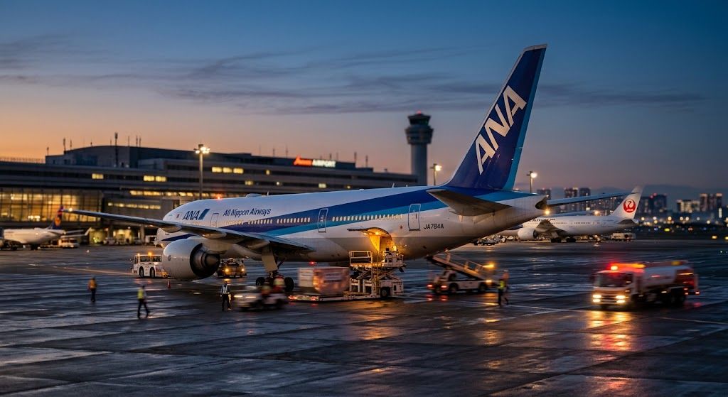 日没直後のマジックアワーの空港駐機場