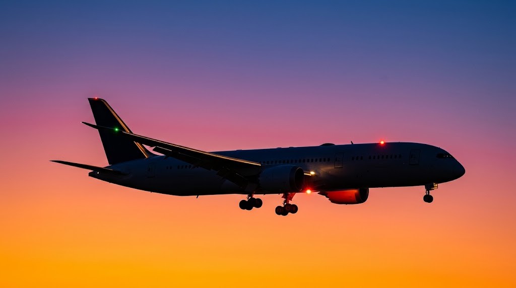 夕焼け空を背景に着陸進入する旅客機のシルエット