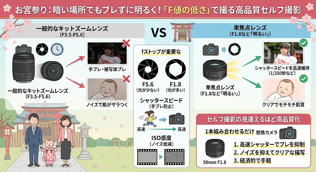 F値の低さとシャッタースピードの関係を解説したイラスト
