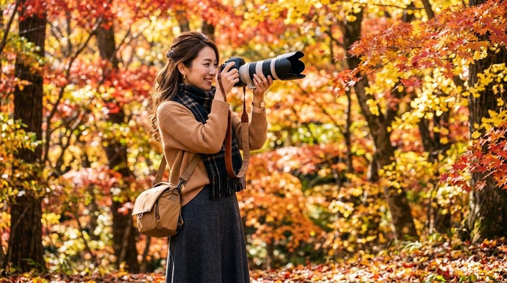 望遠ズームレンズで紅葉撮影を楽しむ女性