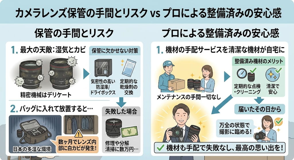 湿度管理やカビ・ホコリの不安から解放されるを解説したイラスト
