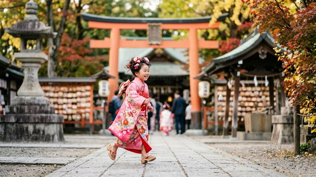 神社の境内を駆け回る子どもの七五三撮影