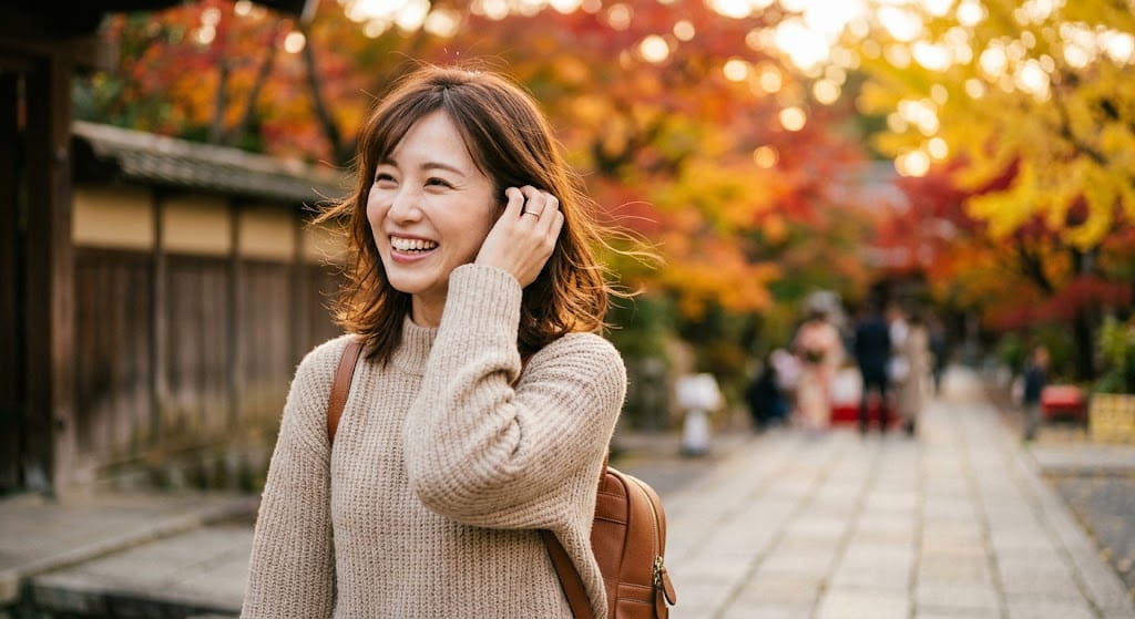 秋の京都で微笑む女性のポートレート