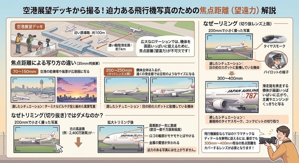迫力ある飛行機写真の為の焦点距離解説イラスト