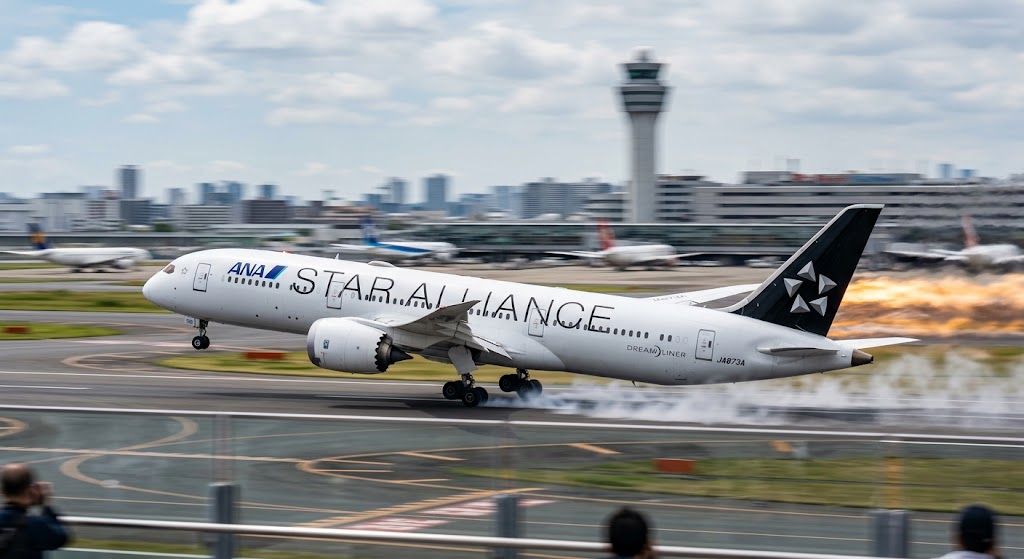 空港の展望デッキから撮影された望遠ズームレンズによる飛行機の臨場感