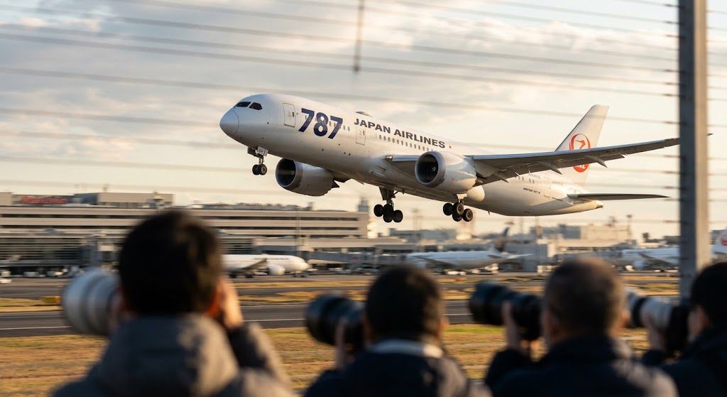 キットレンズの200mmクラス望遠ズームを使用した飛行機の離陸シーン