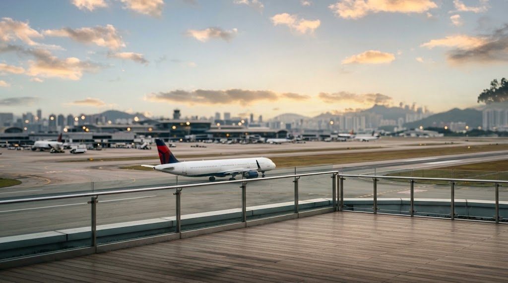 夕暮れの静寂な空港パノラマ風景