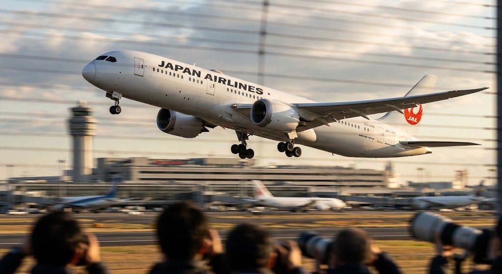 空港の展望デッキのフェンス越しに捉えた飛行機の離陸シーン
