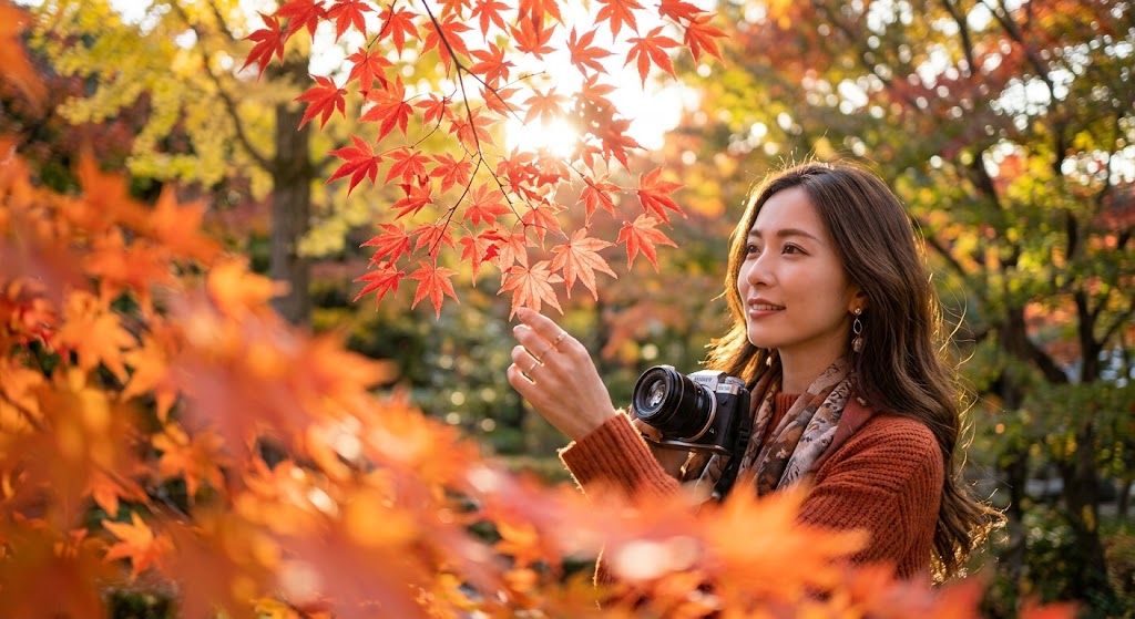 紅葉散策を楽しむ女性