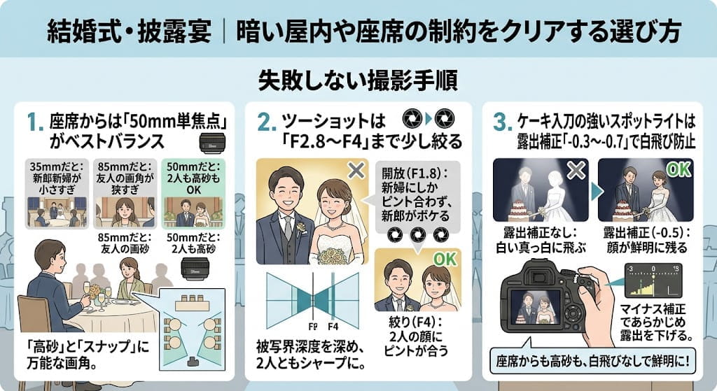 結婚式・披露宴｜暗い屋内や座席の制約をクリアする選び方を解説したイラスト