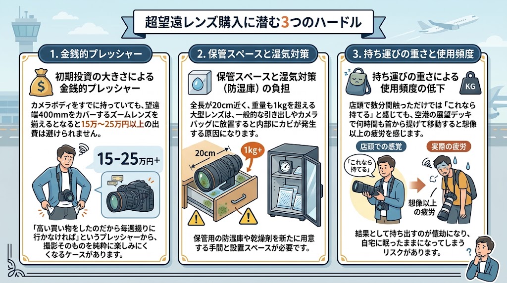 超望遠レンズ購入に潜む3つのハードル解説イラスト