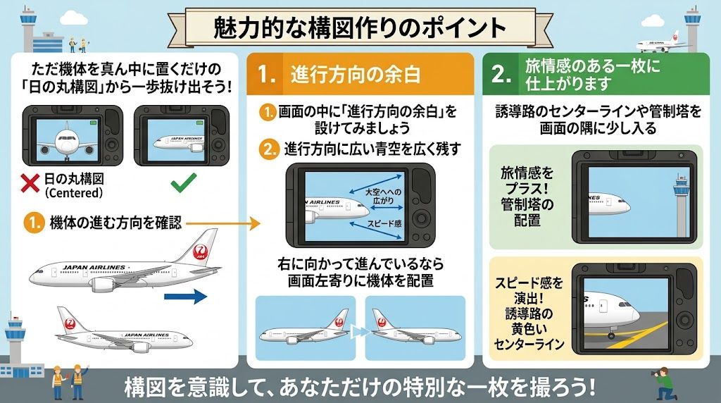 飛行機撮影における魅力的な構図のポイント解説イラスト