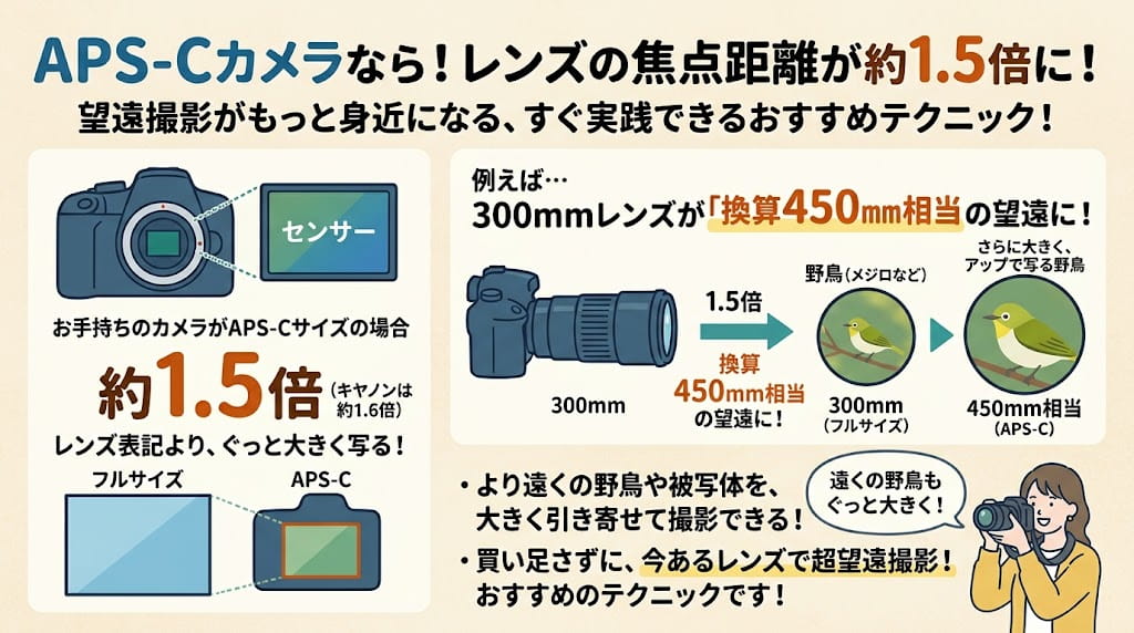 APS-Cセンサーによる焦点距離1.5倍の解説イラスト