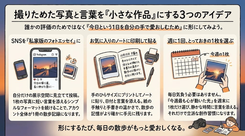 SNSやノートに綴る小さな創作習慣を解説したイラスト