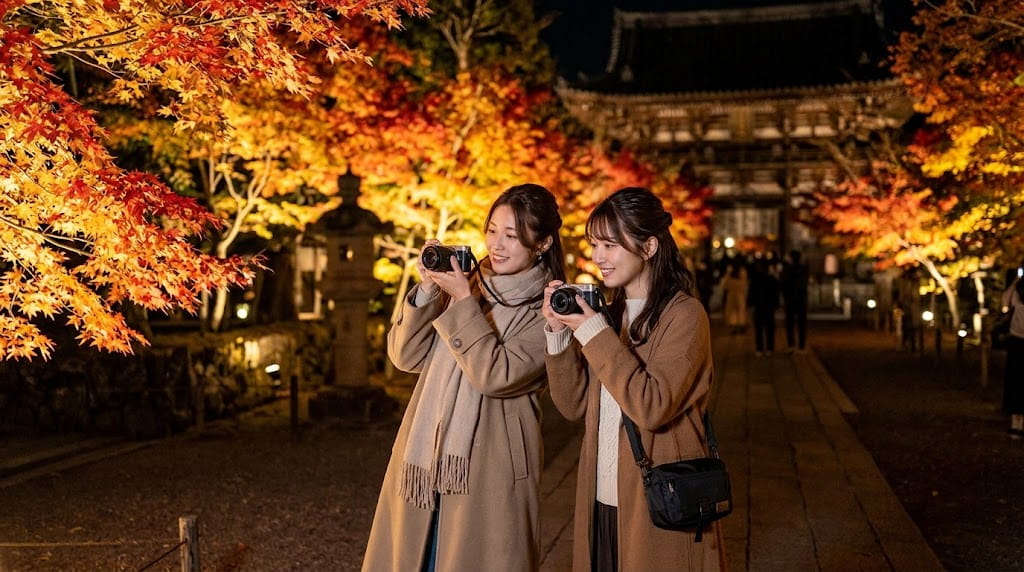 ライトアップされた紅葉を撮影する女性たち
